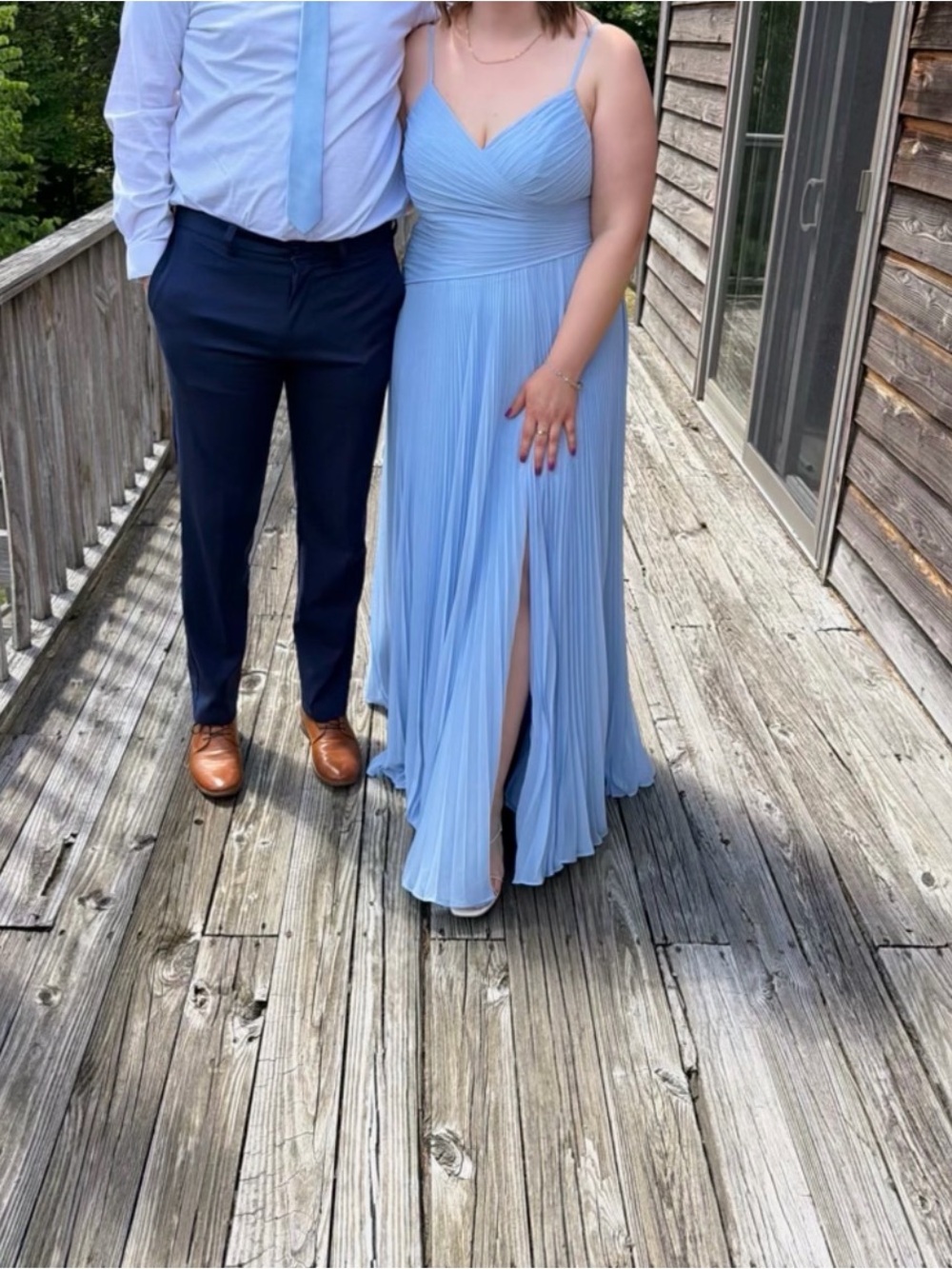 Azazie Vini Light Blue Pleated Spaghetti Strap Evening Dress